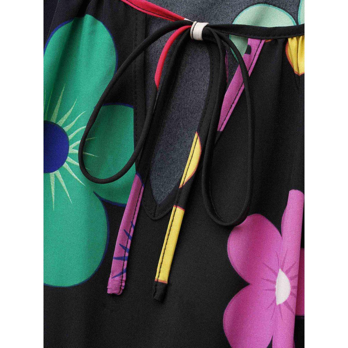 Plus Size Colored Floral Tie Knot Midi Dress Black Women Casual Tie knot Round Neck Long Sleeve Curvy BloomChic 12/L Product Image