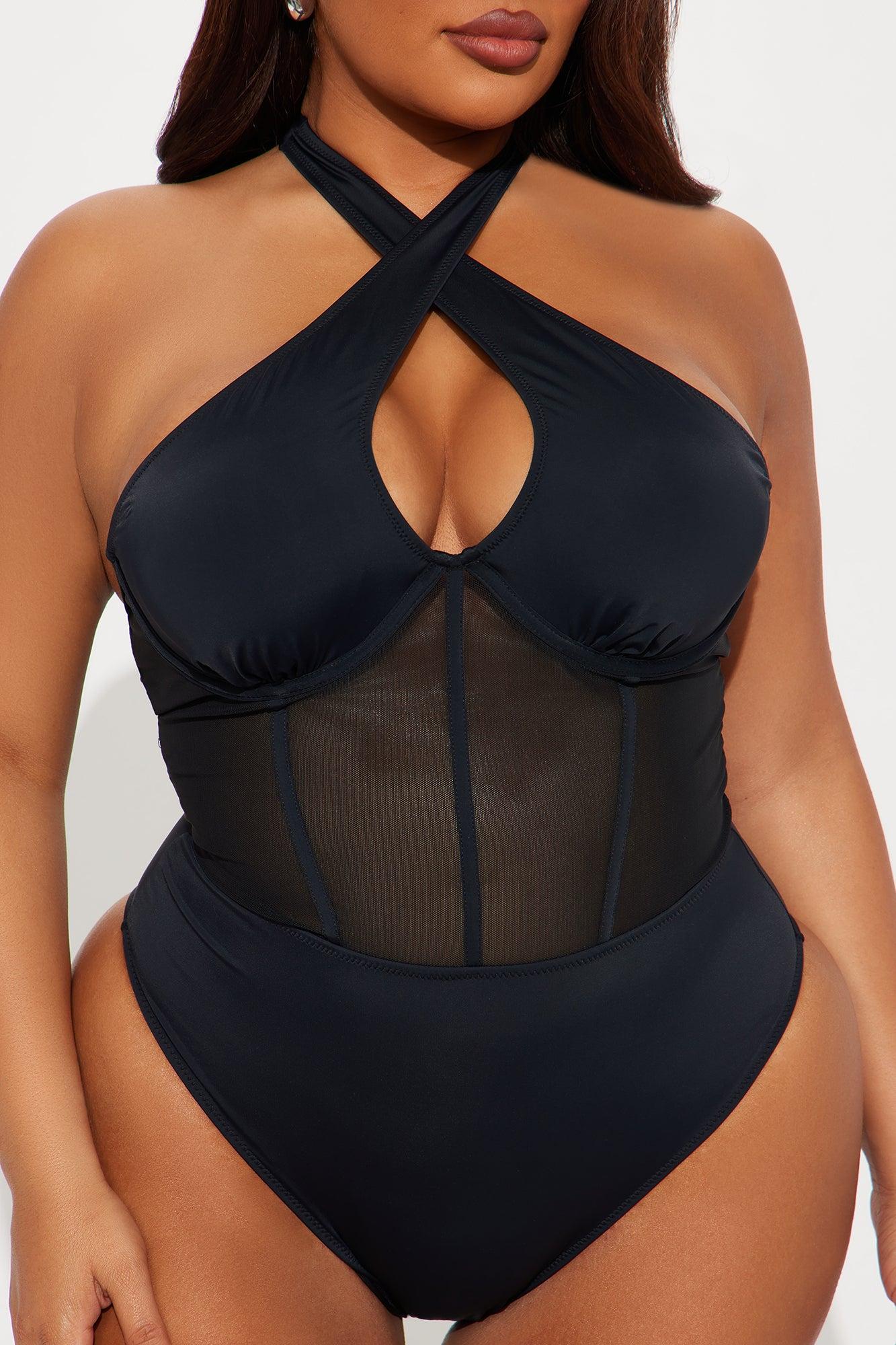 Private Island Corset Mesh Cutout Underwire 1 Piece Swimsuit - Black Product Image