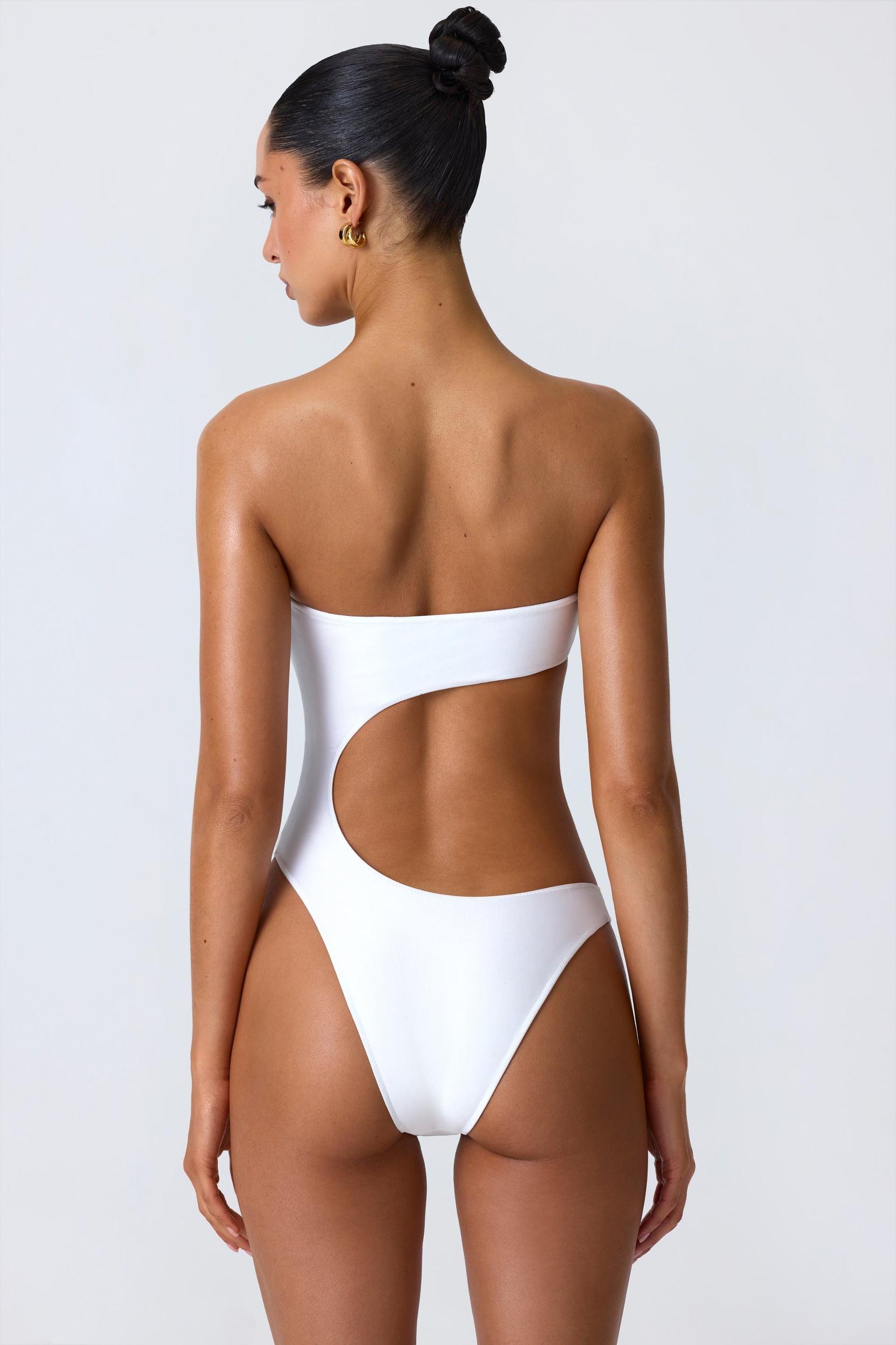Bead-Embellished Cut-Out Bandeau Swimsuit in White Product Image