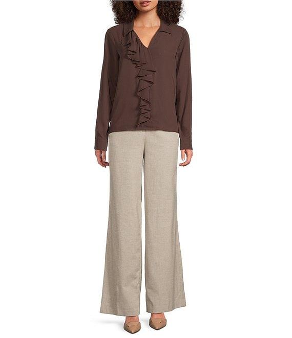 Calvin Klein Georgette Collared V-Neck Long Sleeve Ruffle Front Blouse Product Image