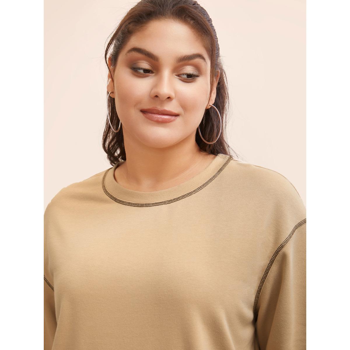 Plus Size Round Neck Topstitching Patchwork Sweatshirt Women Champagne Casual Topstitching Round Neck Everyday Sweatshirts BloomChic 26/4X Product Image