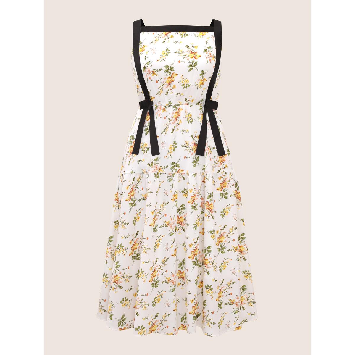 Plus Size Square Neck Contrast Trim Floral Print Dress Ivory Women Elegant Woven ribbon&lace trim Non Sleeveless Curvy BloomChic 12/L Product Image