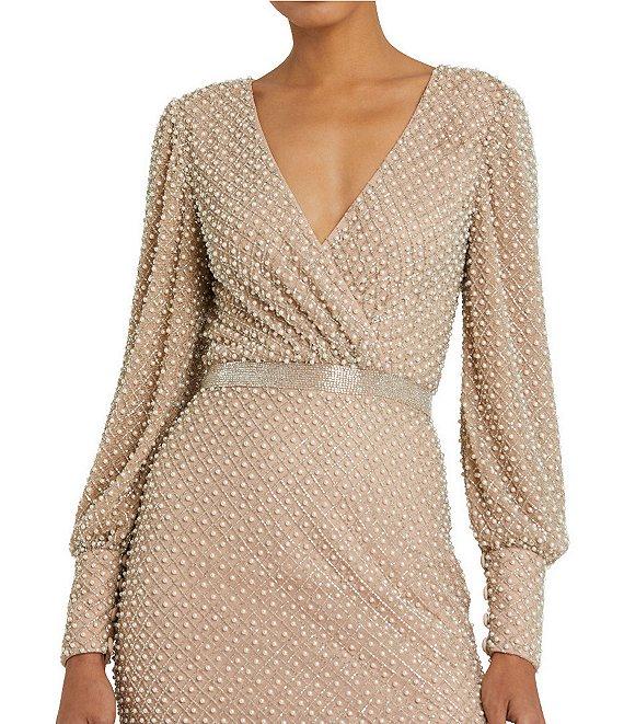 Mac Duggal V-Neck Bishop Sleeve Beaded Column Gown Product Image