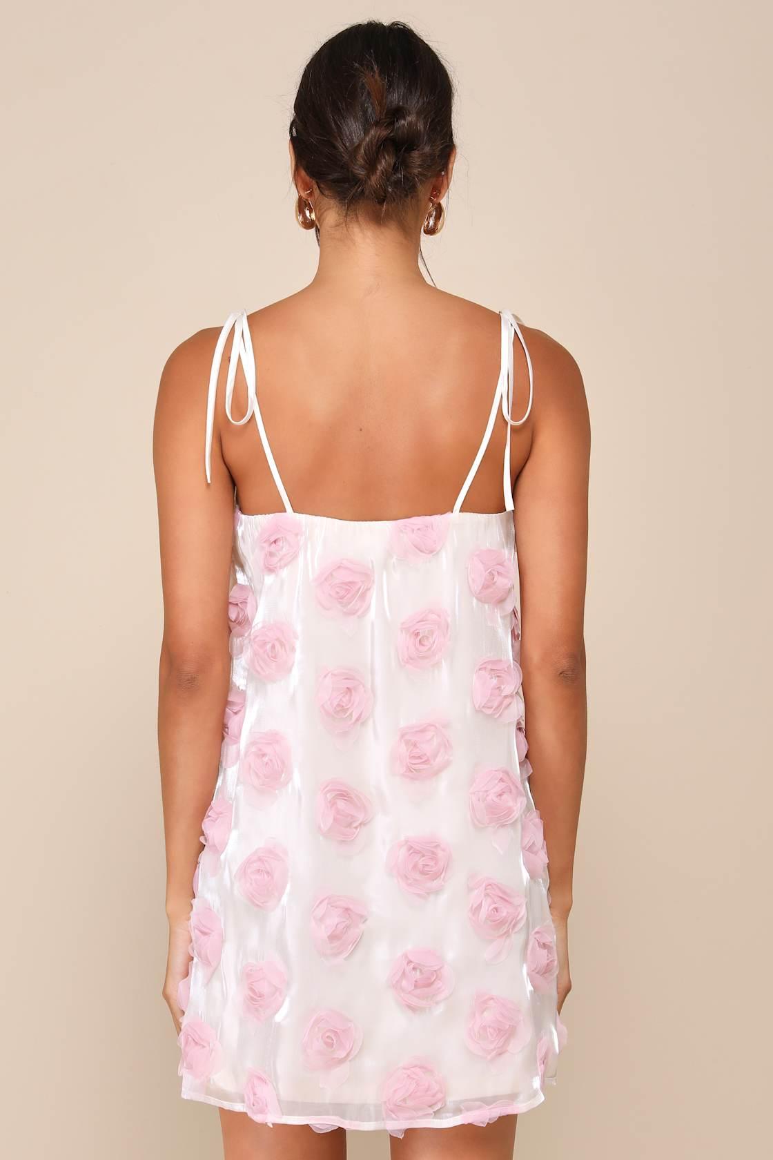 Luminous Glow Shiny Ivory Rosette Tie-Strap Mini Dress Product Image