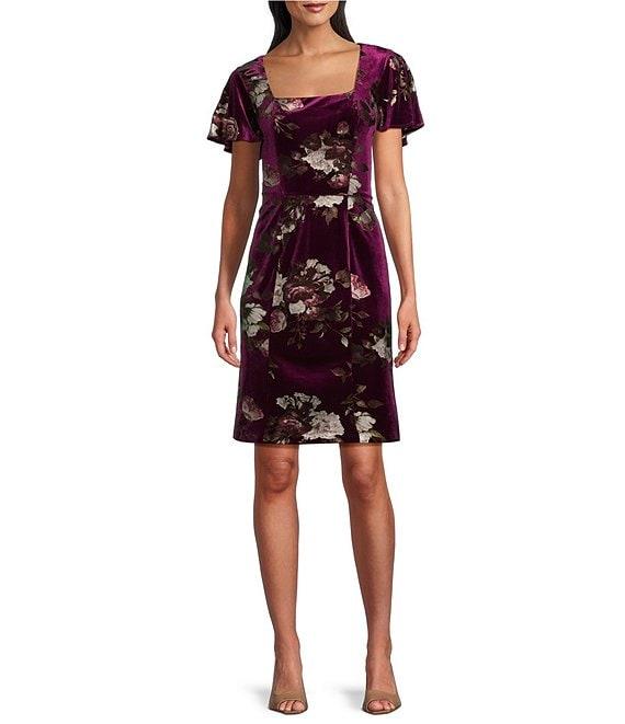 Ignite Evenings Floral Foil Print Square Neck Flutter Sleeve Velvet Sheath Dress Product Image