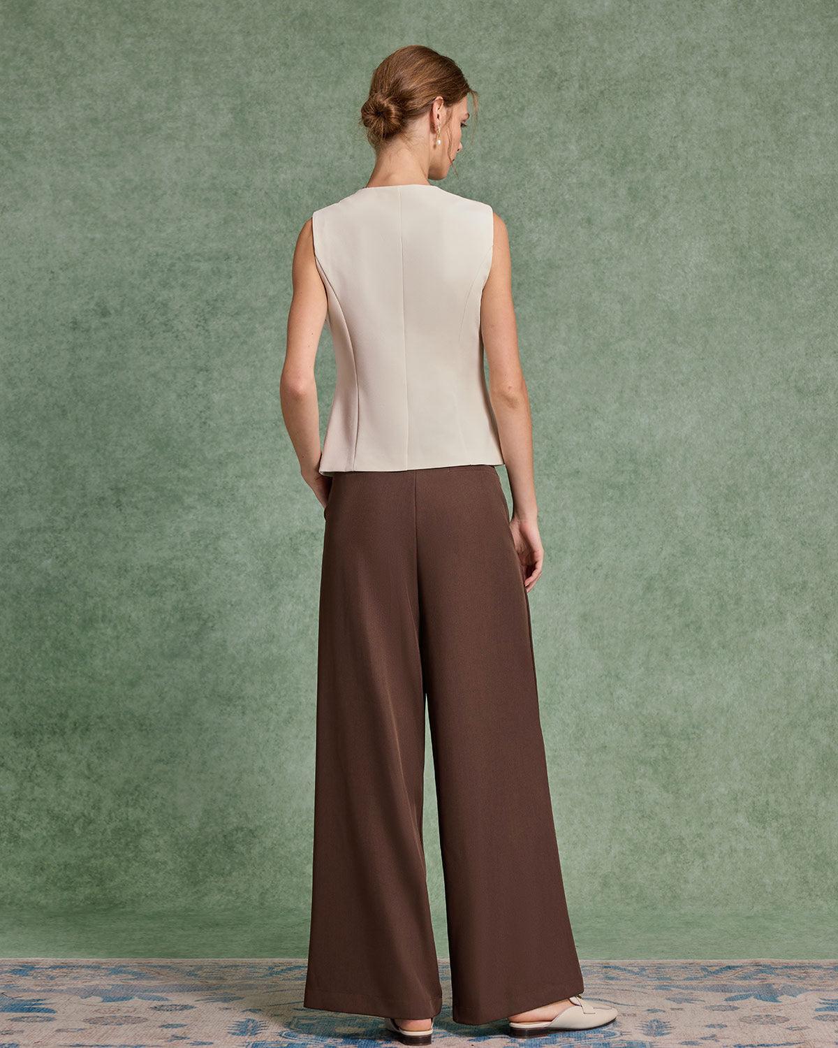 Coffee Ruched Straight Pants Product Image
