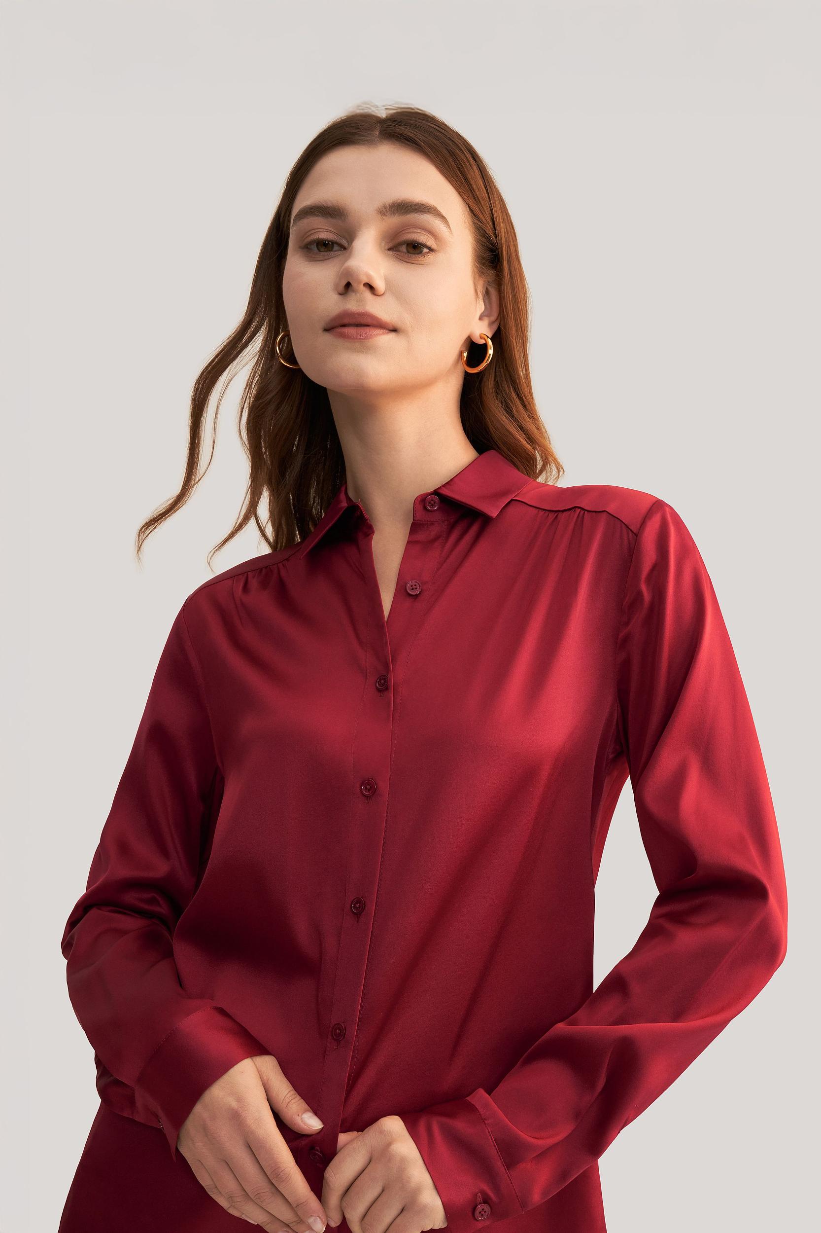 Long Sleeves Collared Silk Blouse Product Image