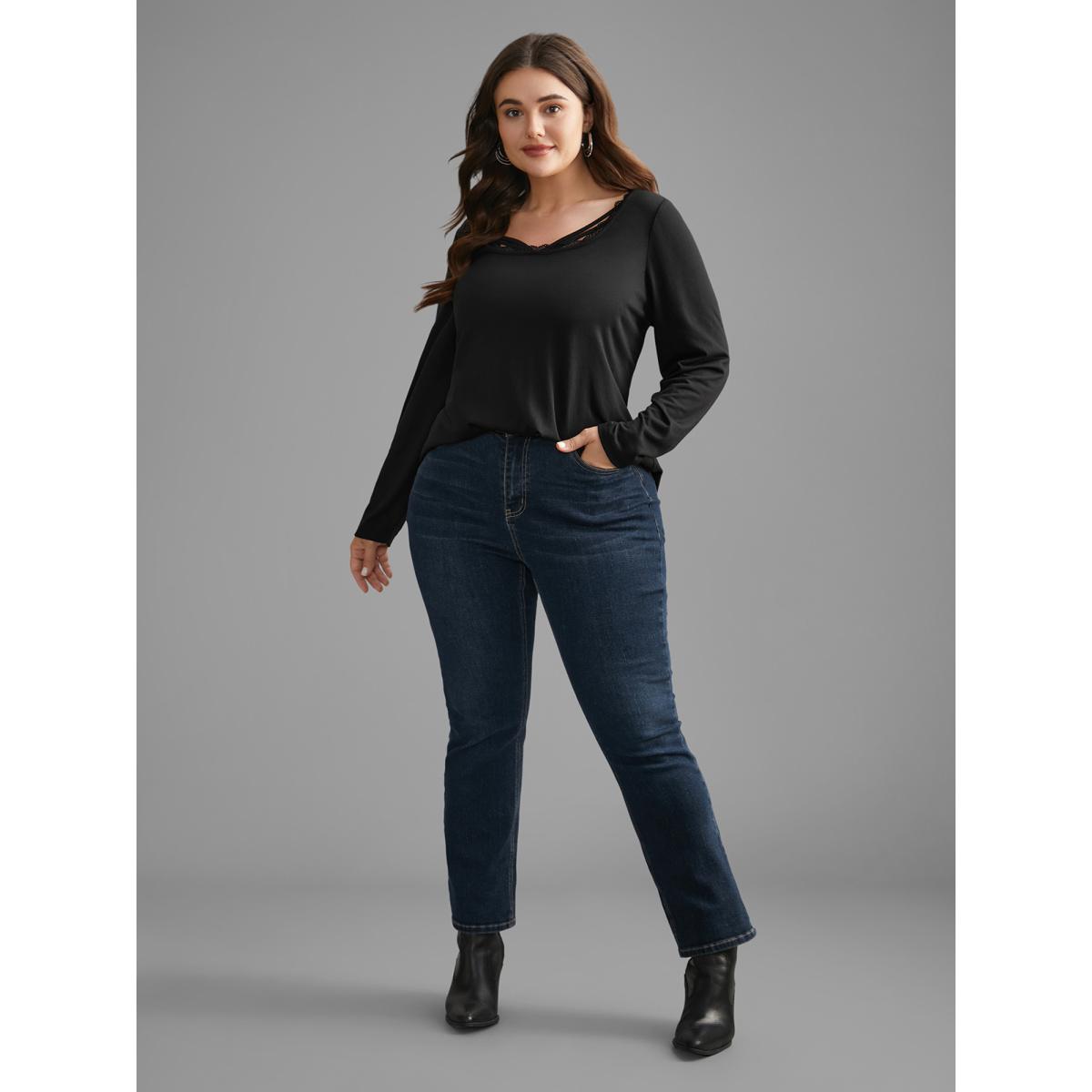 Plus Size Plain Lace Patchwork Crisscross T-shirt Black Women Casual Patchwork U-neck Everyday T-shirts BloomChic 18-20/2X Product Image