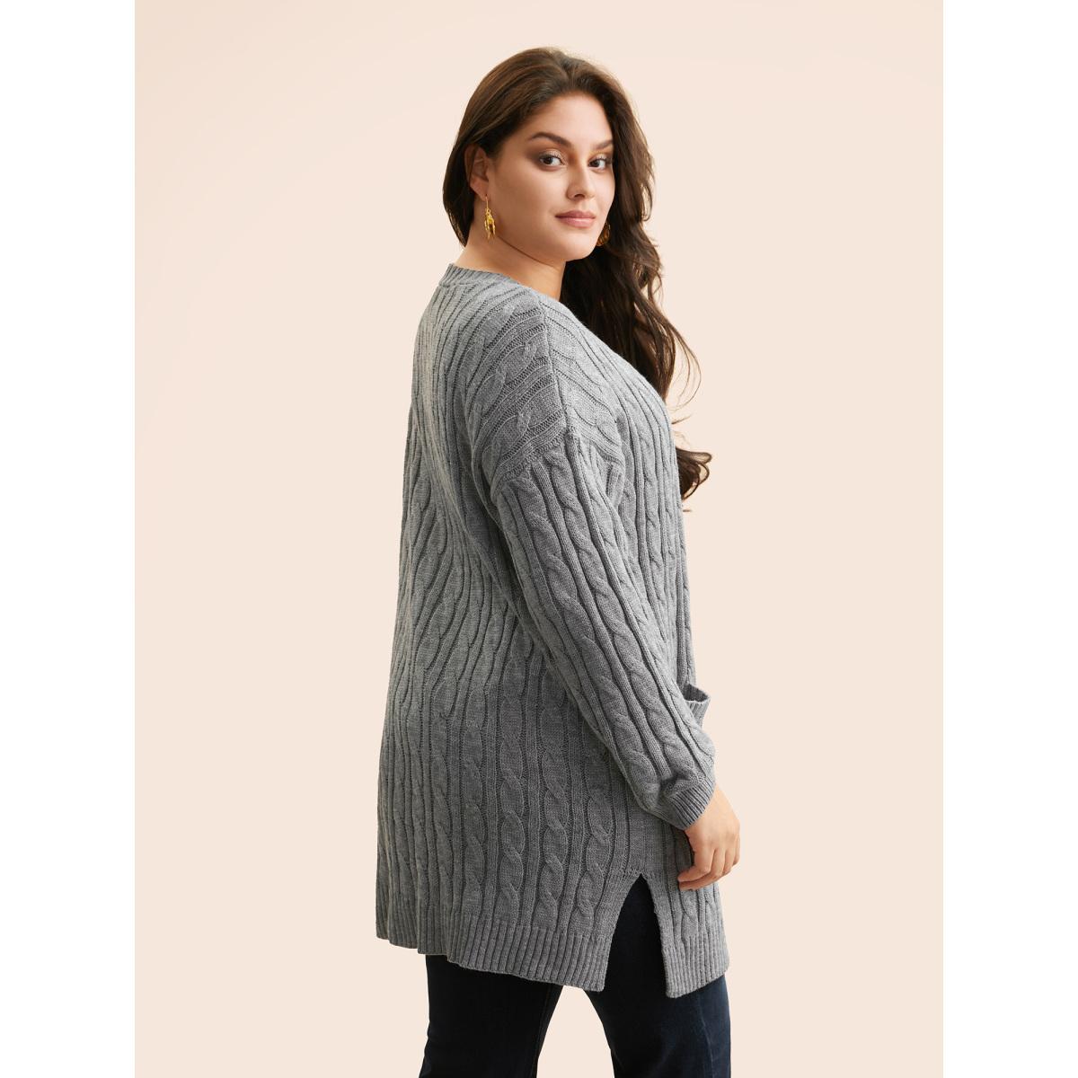 Plus Size Cable Knit Drop Shoulder Sleeve Cardigan Mediumgray Women Casual Loose Long Sleeve Everyday Cardigans BloomChic 14-16/1X Product Image