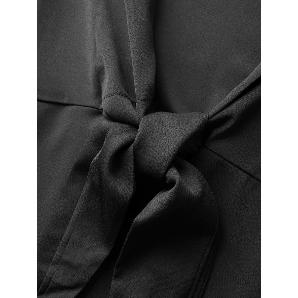 Plus Size Black Plain Keyhole Knotted Front Ruffle Sleeve Blouse Women Office Short sleeve Round Neck Office Blouses BloomChic 22-24/3X Product Image