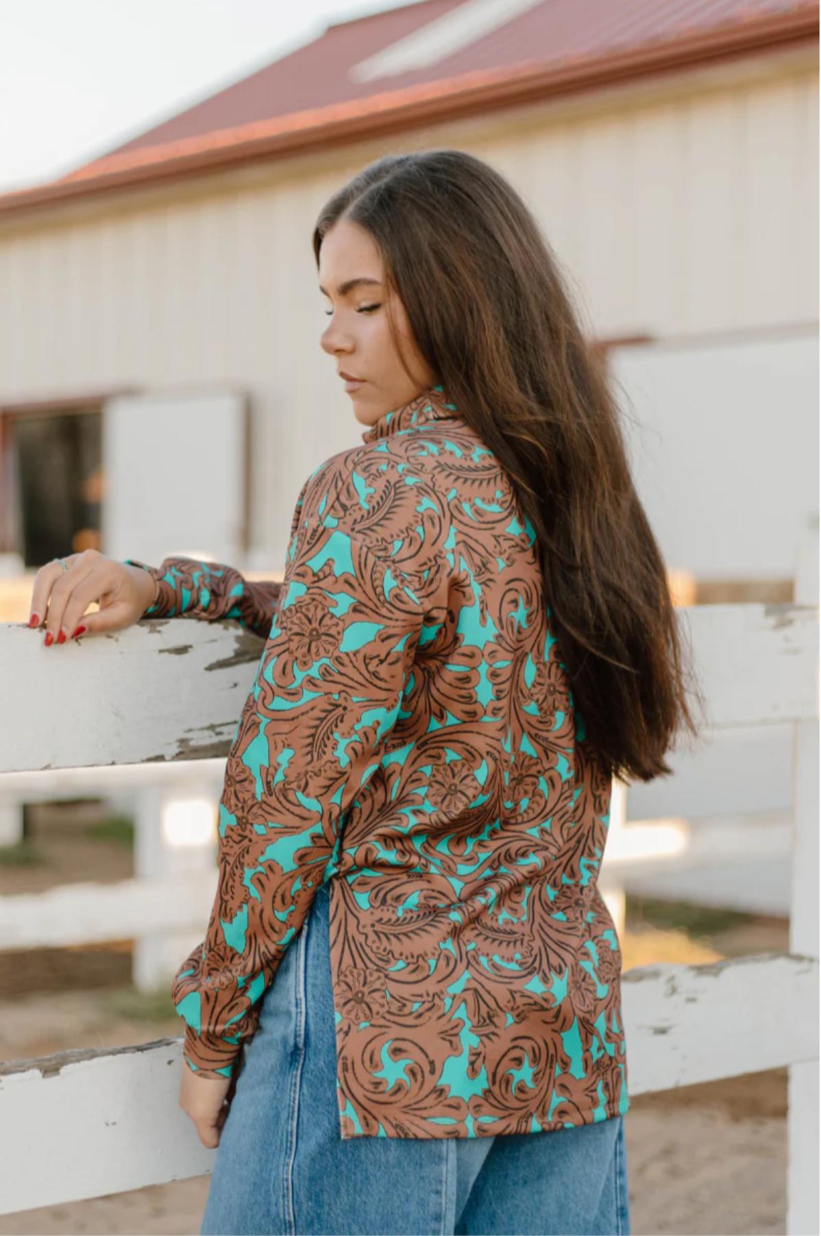 Sterling Kreek Turquoise Tooled Mock Neck Top Product Image