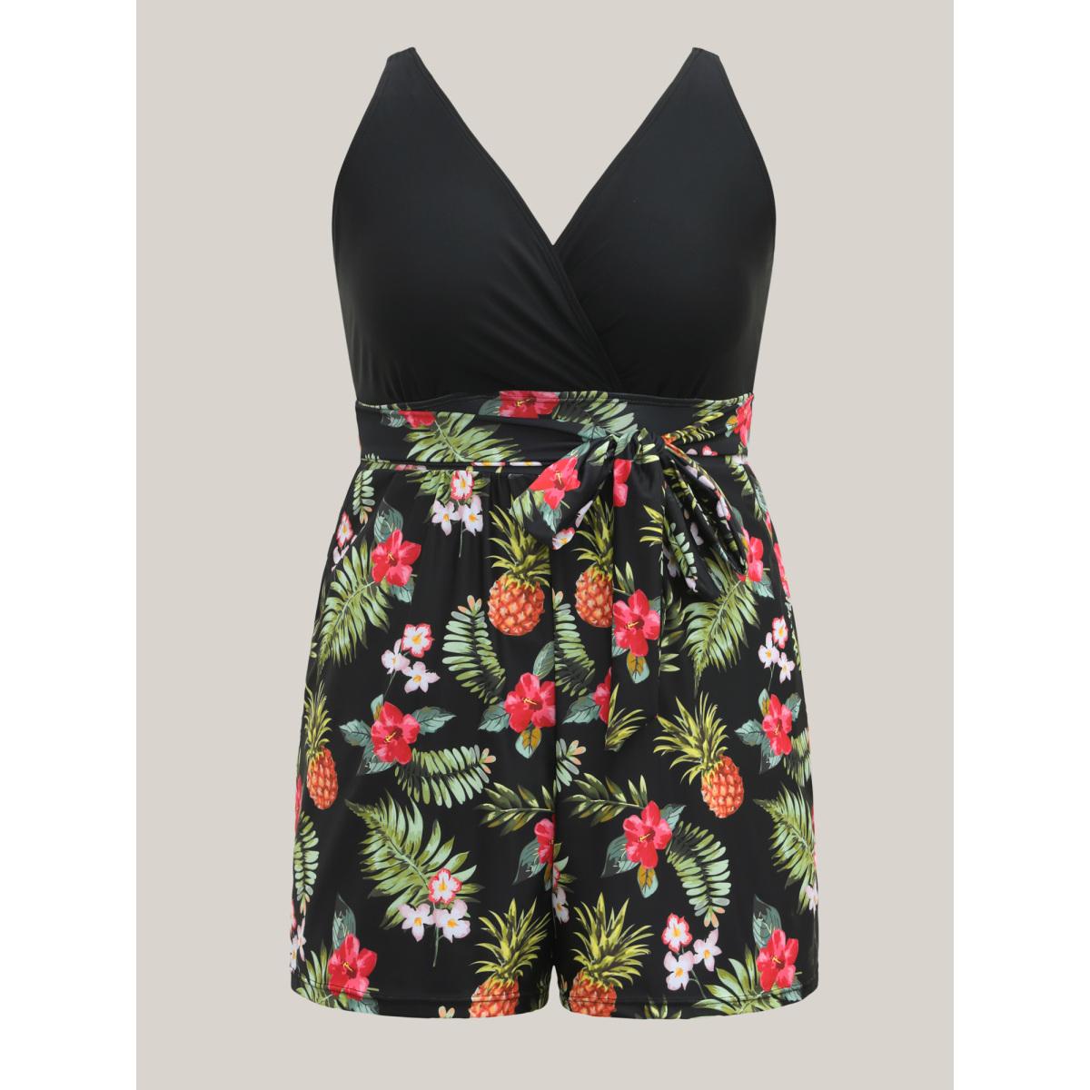 Plus Size Tropical Floral Pockets One-Piece Swimsuit Women's Swimwear Black Resort Tie knot Curve Bathing Suits High stretch One Pieces BloomChic 18-20/2X Product Image