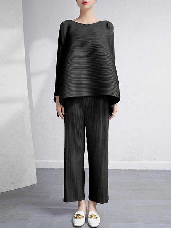 Loose Pleated Solid Color High-Low Round-Neck T-Shirts  + Pants Two Pieces Set Product Image