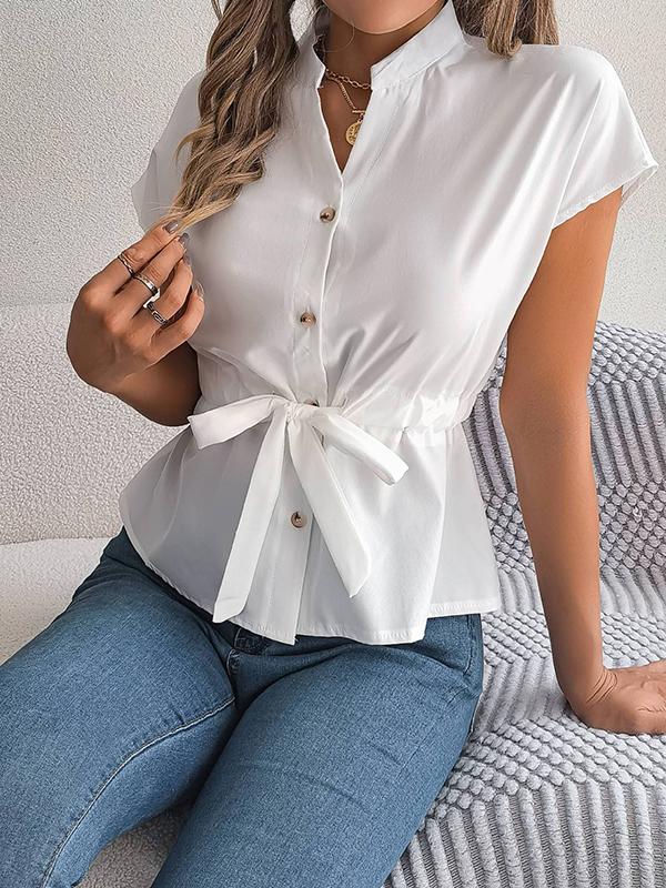 Loose Short Sleeves Drawstring Split-Joint Round-Neck Blouses&Shirts Tops Product Image