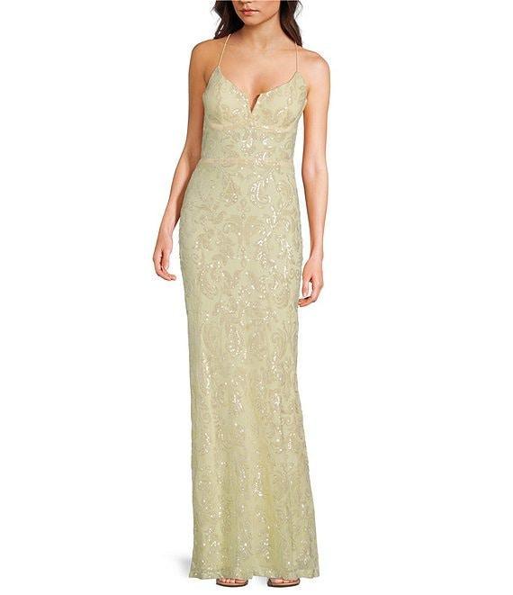 Next Up Printed Sequined Split V-Neck Spaghetti Strap Dress Product Image