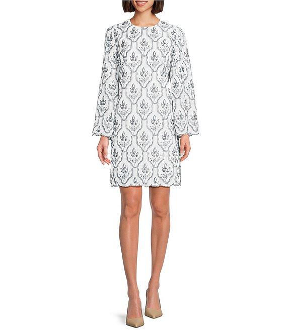 Preston & York Jeanne Embroidered Round Neck Long Sleeve Sheath Dress Product Image