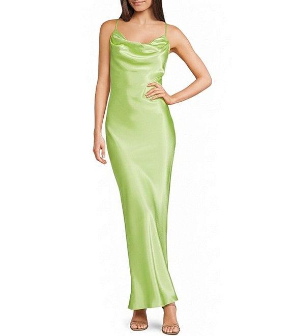 Morgan & Co. Sleeveless Long Spaghetti Strap Charmeuse Draped Front And X Back Long Dress Product Image