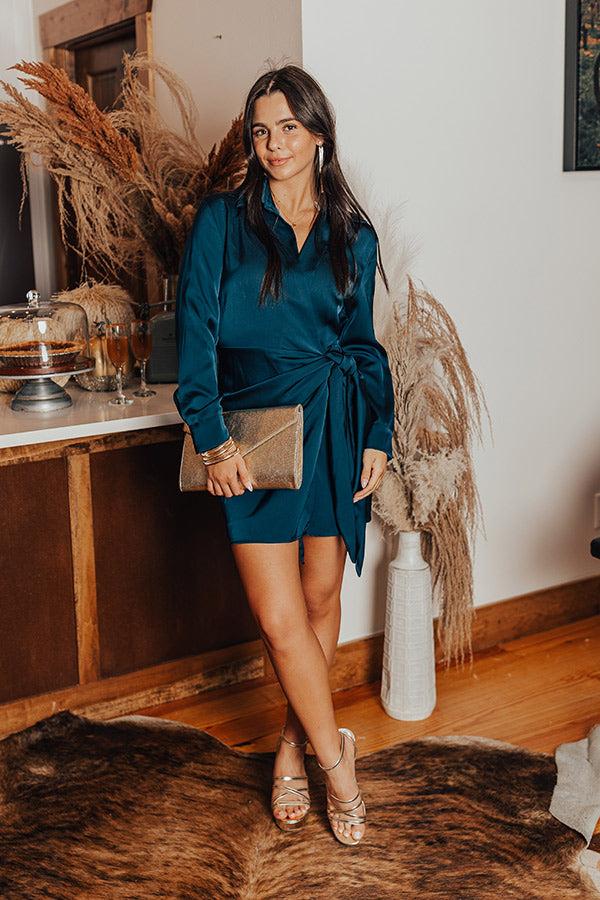 Hampton Wrap Satin Dress In Teal Product Image