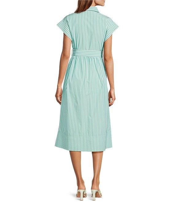 Abbey Glass Harper Stripe Print Button Down Collar Short Sleeve Poplin Midi Dress Product Image