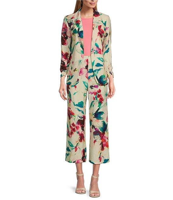 Investments Floral 3/4 Ruched Sleeve Open Lapel Front Jacket Product Image