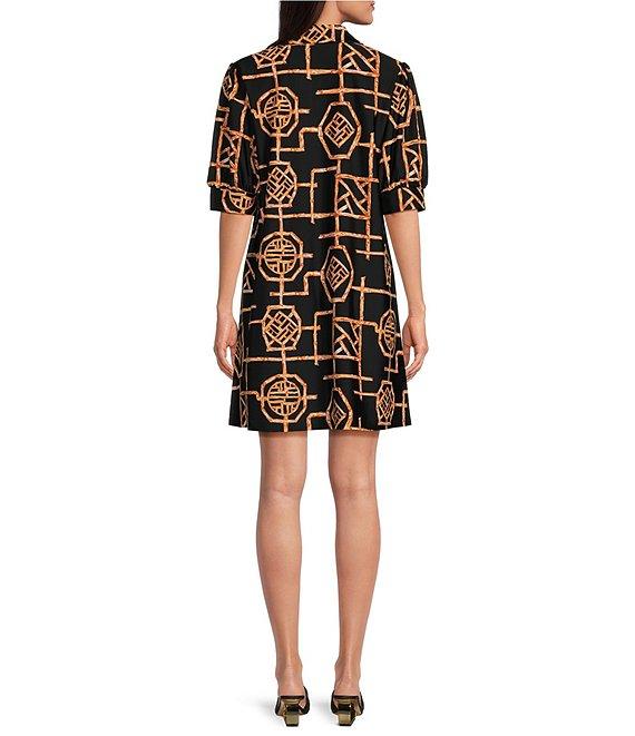 Jude Connally Emerson Bamboo Lattice Print Jude Cloth Knit Point Collar Puffed Sleeve Shift Dress Product Image