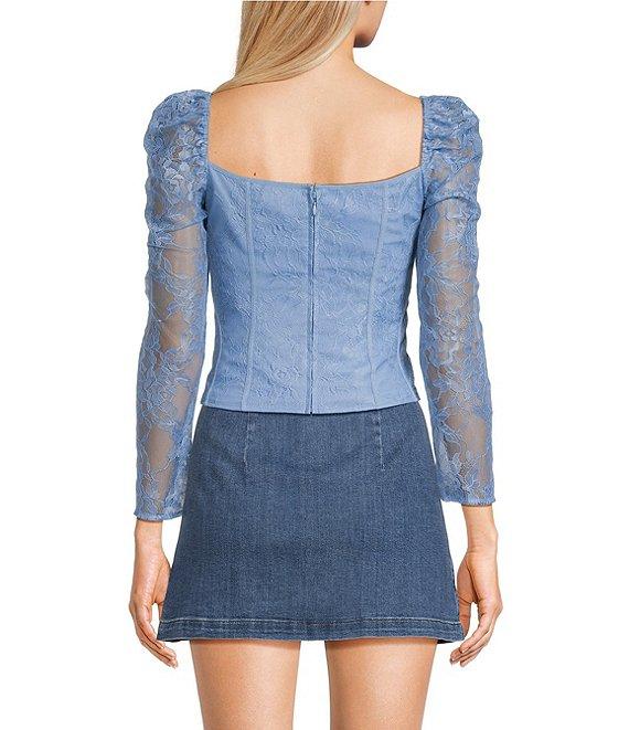 Chelsea & Violet Laura Woven Lace Sweetheart Neck Tie Front Long Sleeve Fitted Blouse Product Image