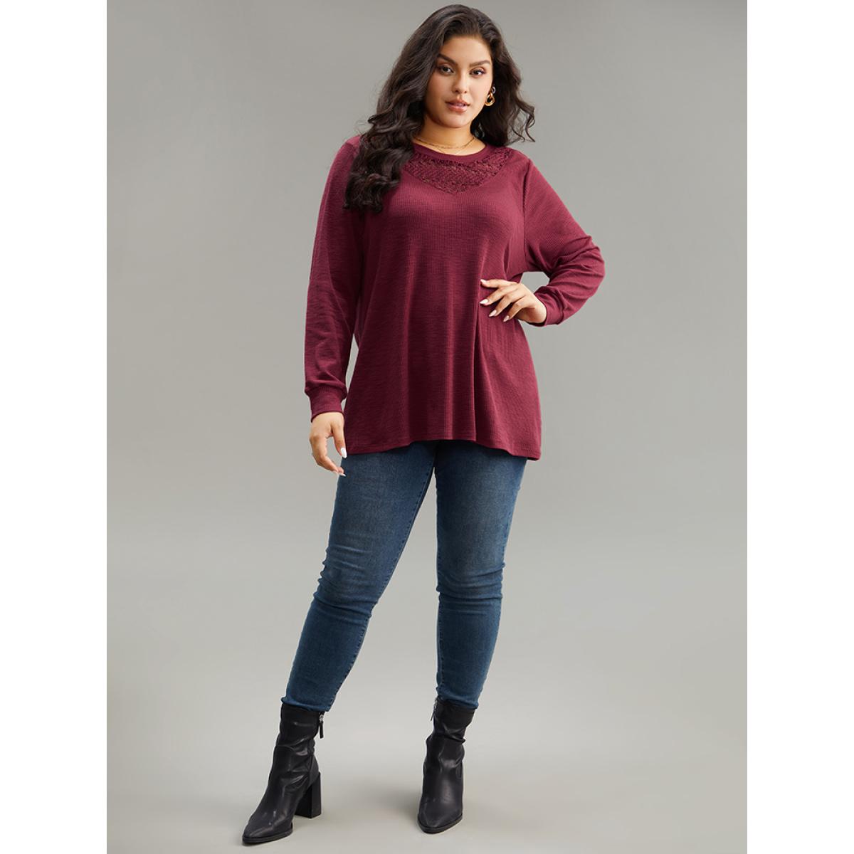 Plus Size Solid Lace Insert Crew Neck Cut Out T-shirt Burgundy Women Elegant Patchwork Plain Round Neck Dailywear T-shirts BloomChic 28/5X Product Image