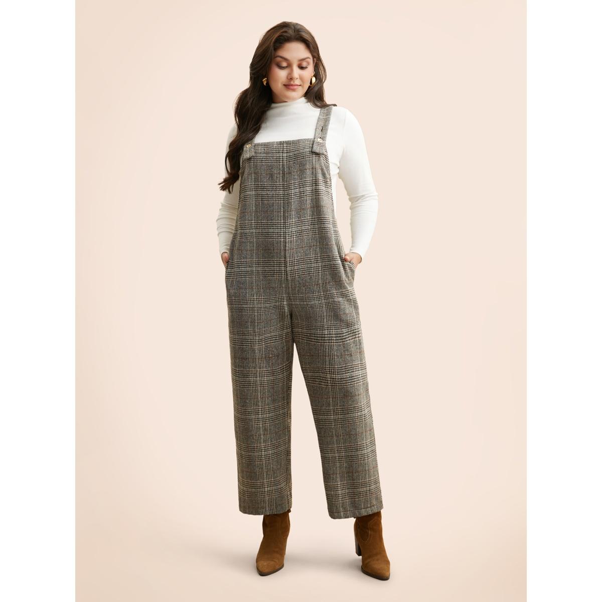 Plus Size LightGray Plaid Adjustable Straps Pocket Jumpsuit Women Elegant Sleeveless Non Everyday Loose Jumpsuits BloomChic 28/5X Product Image