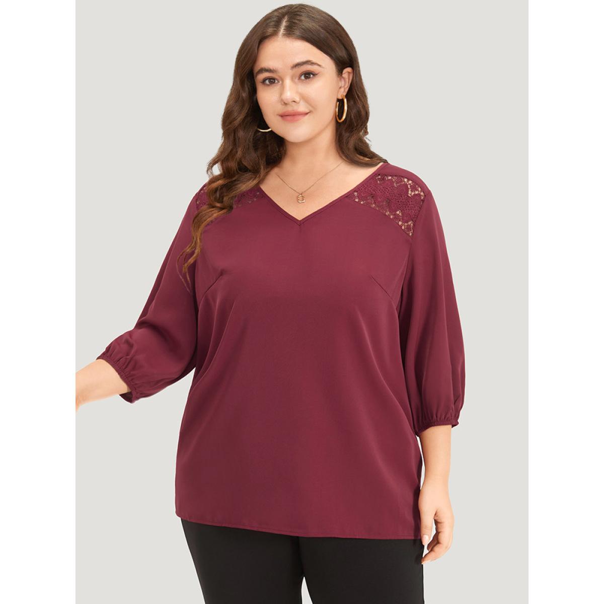 Plus Size Burgundy Solid Contrast Lace Lantern Sleeve Blouse Women Office Elbow-length sleeve V-neck Work Blouses BloomChic 26/4X Product Image