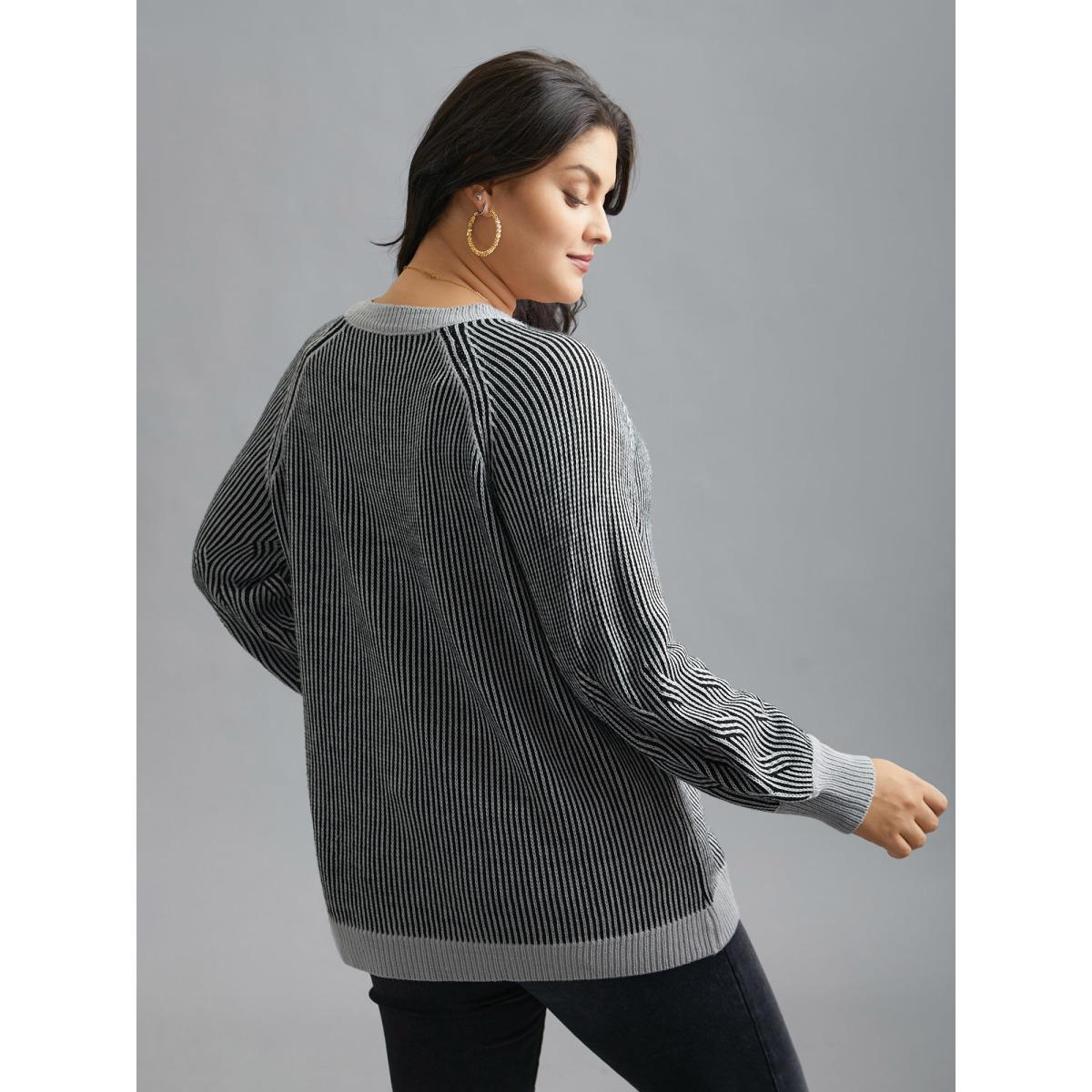 Plus Size Cable Knit V-Neck Raglan Sleeve Pullover LightGray Women Leisure Loose Long Sleeve V-neck Casual Pullovers BloomChic 22-24/3X Product Image