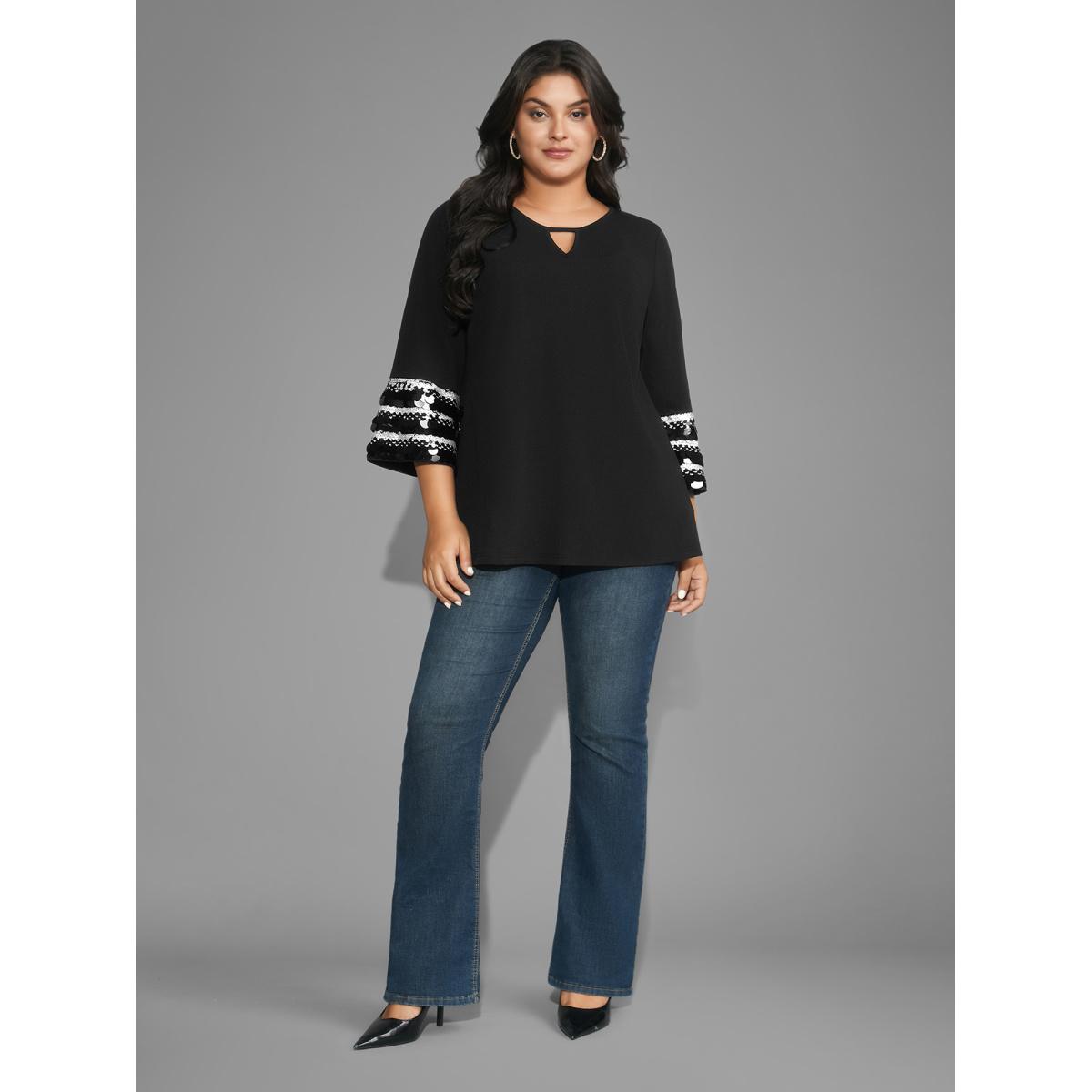 Plus Size Black Sequin Patchwork Keyhole Bell Sleeve Blouse Women Elegant Three Quater Length Sleeve Round Neck Everyday Blouses BloomChic 26/4X Product Image