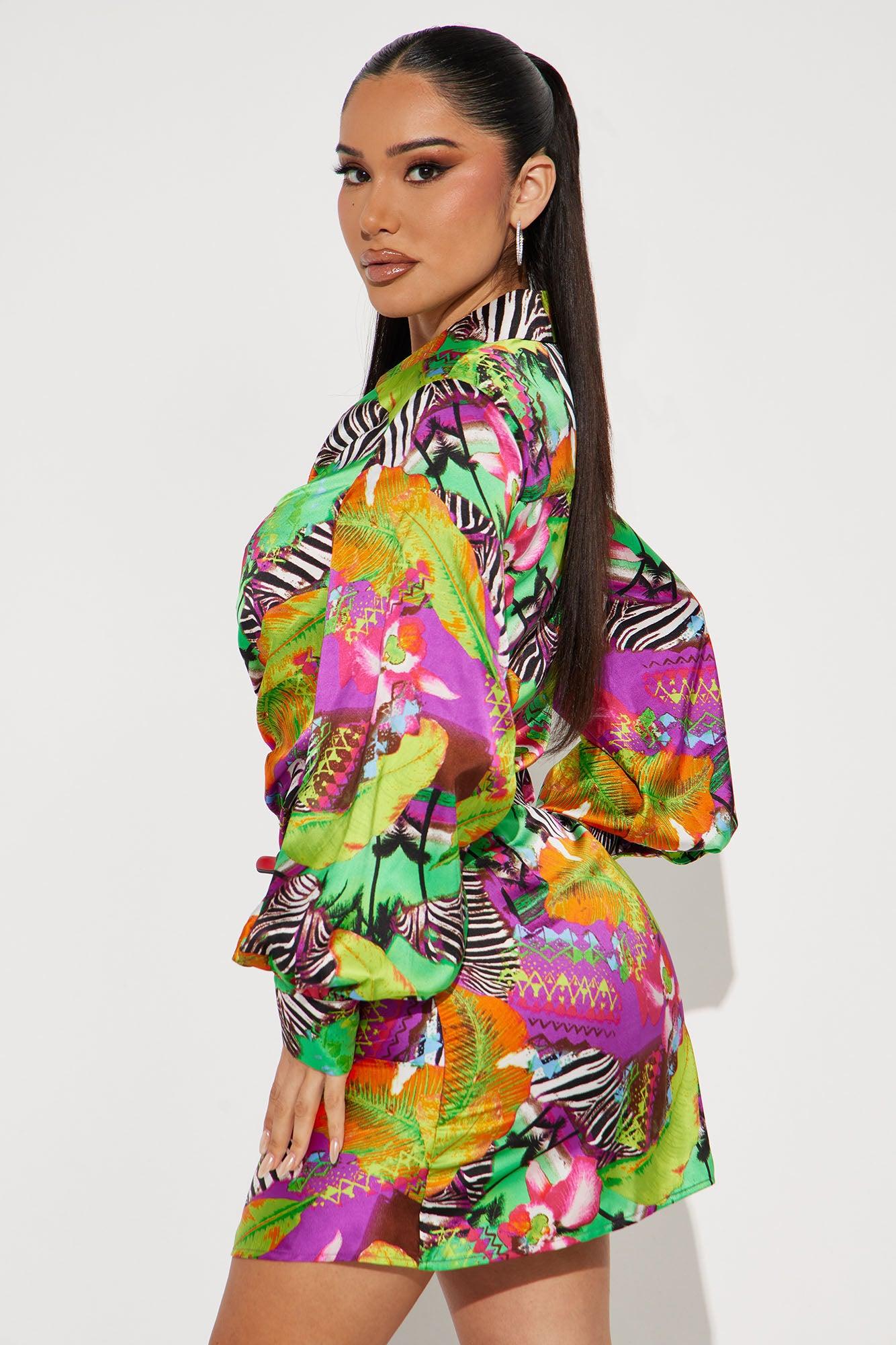 The Tropics Satin Shirt Mini Dress - Green/combo Product Image