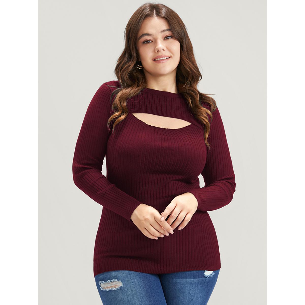 Plus Size Solid Super Soft Rib Knit Cut Out Knit Top Burgundy Women Elegant Bodycon Long Sleeve Round Neck Dailywear Pullovers BloomChic 30/6X Product Image