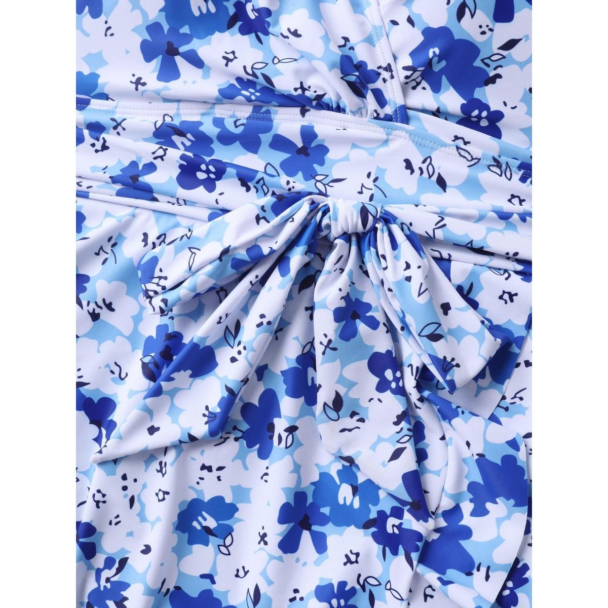 Plus Size Floral Print Belted Flared Swim Dress Women's Swimwear Mediumblue Resort Bodycon Overlap Collar High stretch Curve Swim Dresses BloomChic 18-20/2X Product Image