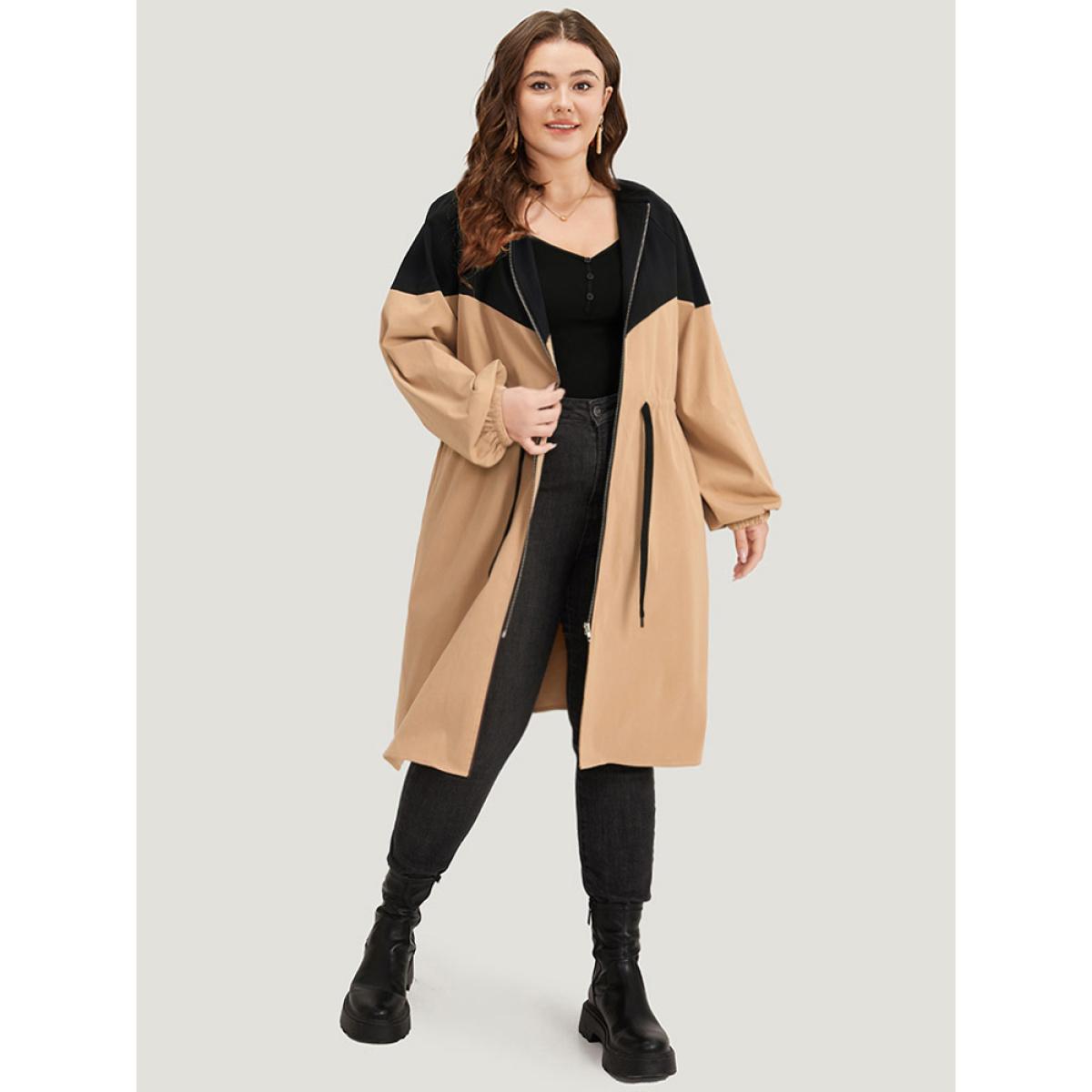 Plus Size Two Tone Drawstring Stand Collar Trench Coat Women LightBrown Dailywear Elastic cuffs Plain 28/5X Pocket Casual Trench Coats BloomChic Product Image