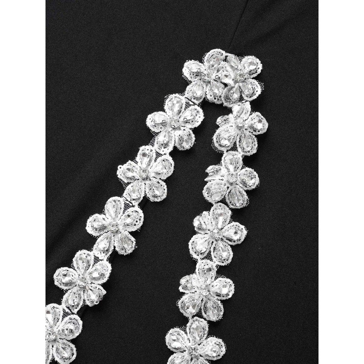 Plus Size Rhinestone Detail Floral Embroidered Split Front Dress Black Women Cocktail Rhinestone detailing V-neck Sleeveless Curvy BloomChic 12/L Product Image