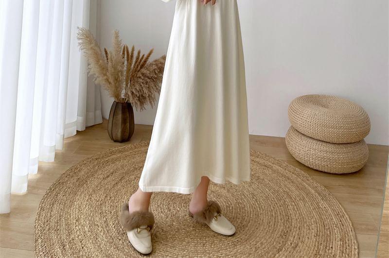 Maternity Long-Sleeve Notch Neck Plain Midi A-Line Knit Dress Product Image