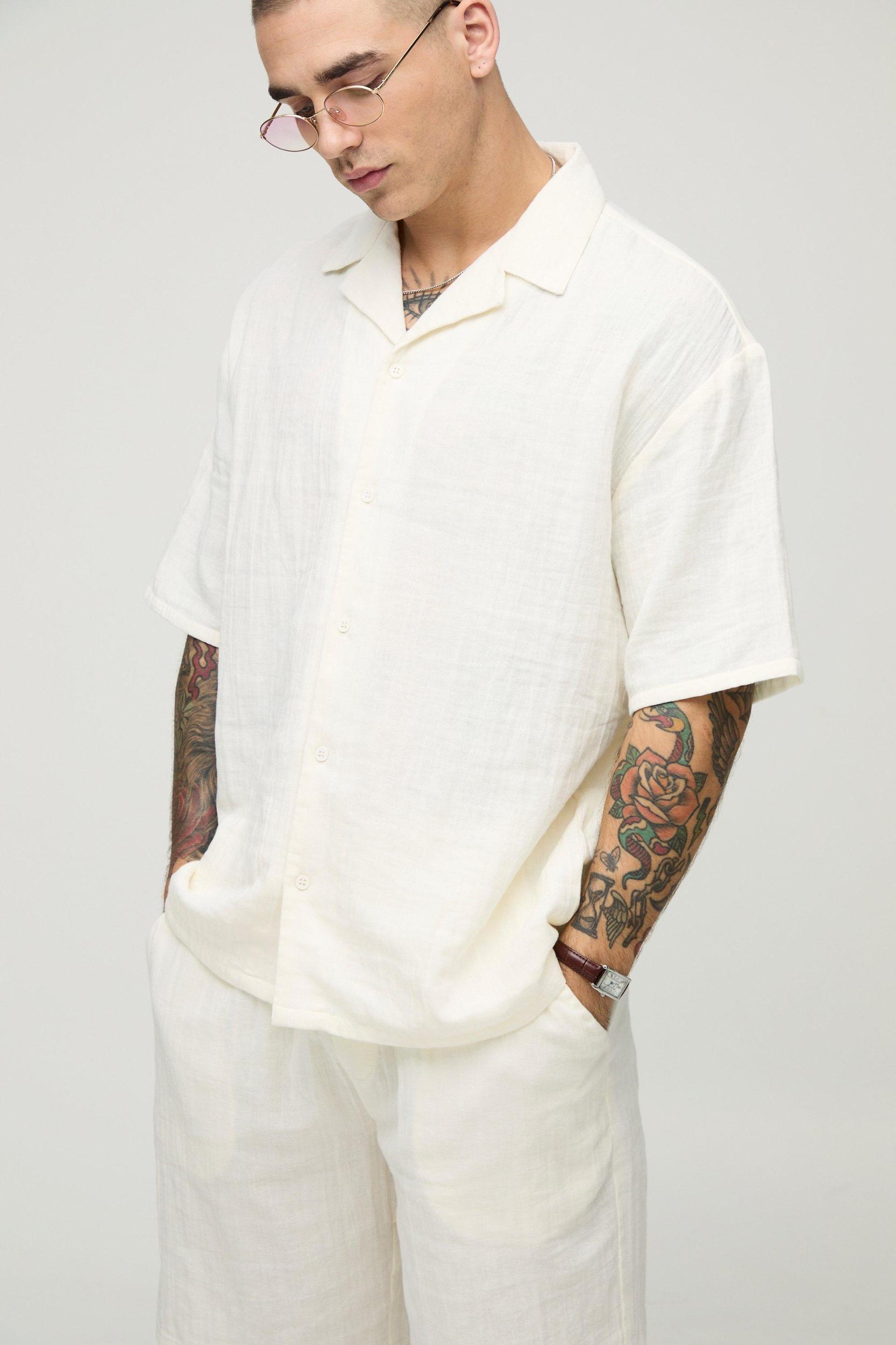 Oversized Cheesecloth Revere Shirt & Relaxed Short Set | boohooMAN USA Product Image