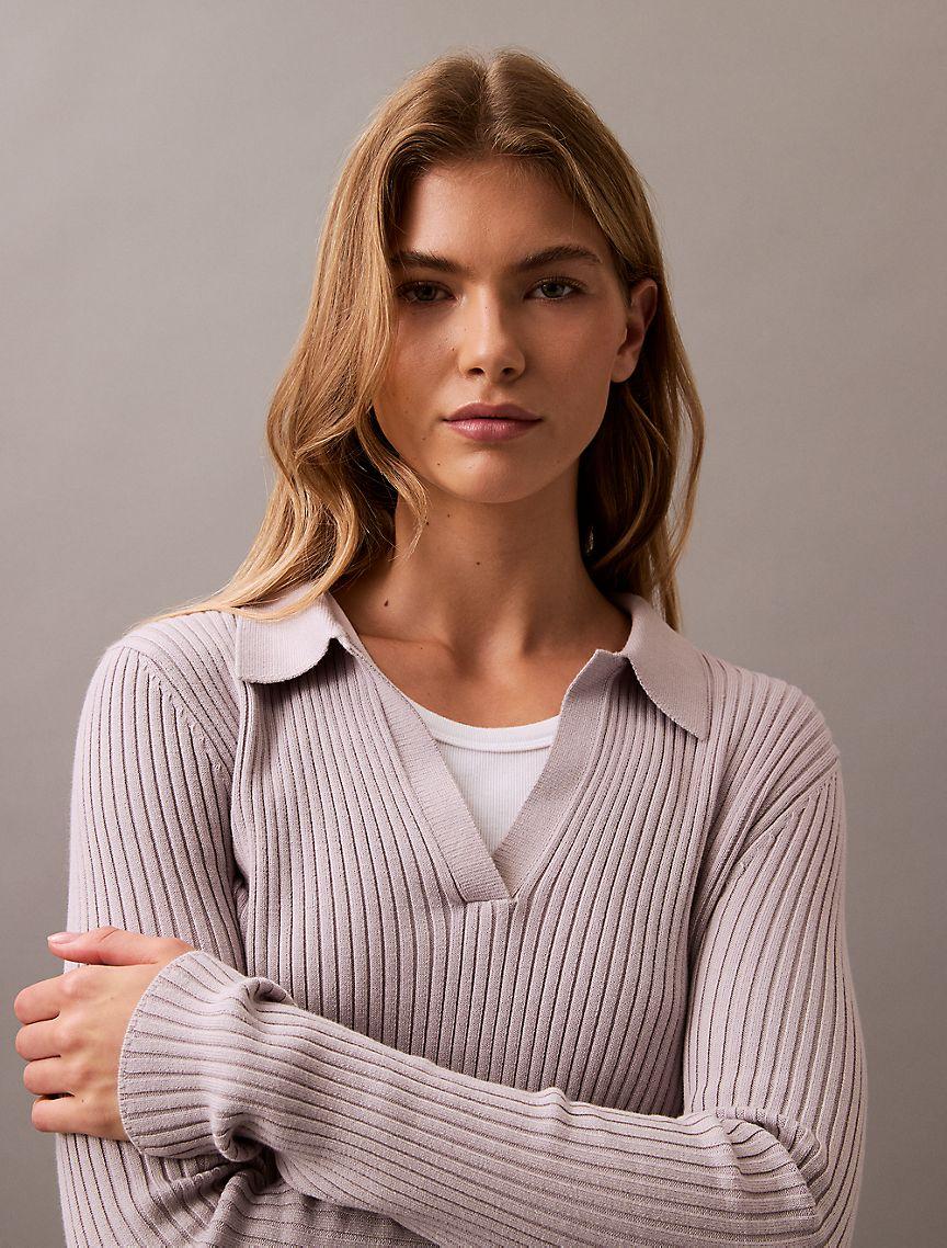Smooth Cotton Rib Long Sleeve Polo Sweater Product Image