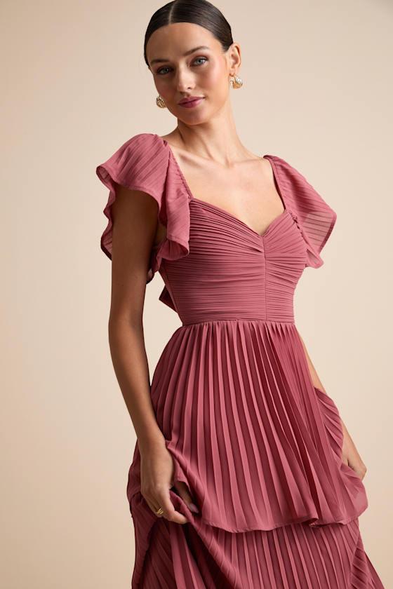 Notorious Charm Rusty Rose Pleated Flutter Sleeve Maxi Dress Product Image