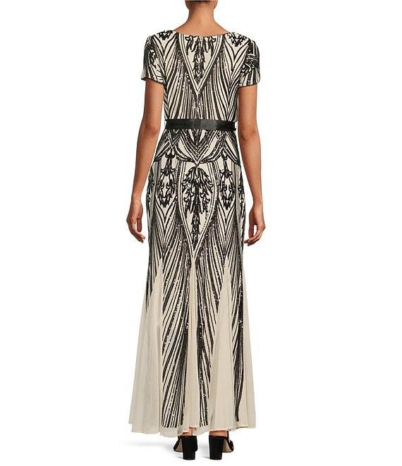 R & M Richards Petite Size Short Sleeve Sweetheart Neck Sequin Panel Godet Embellished Dress Product Image