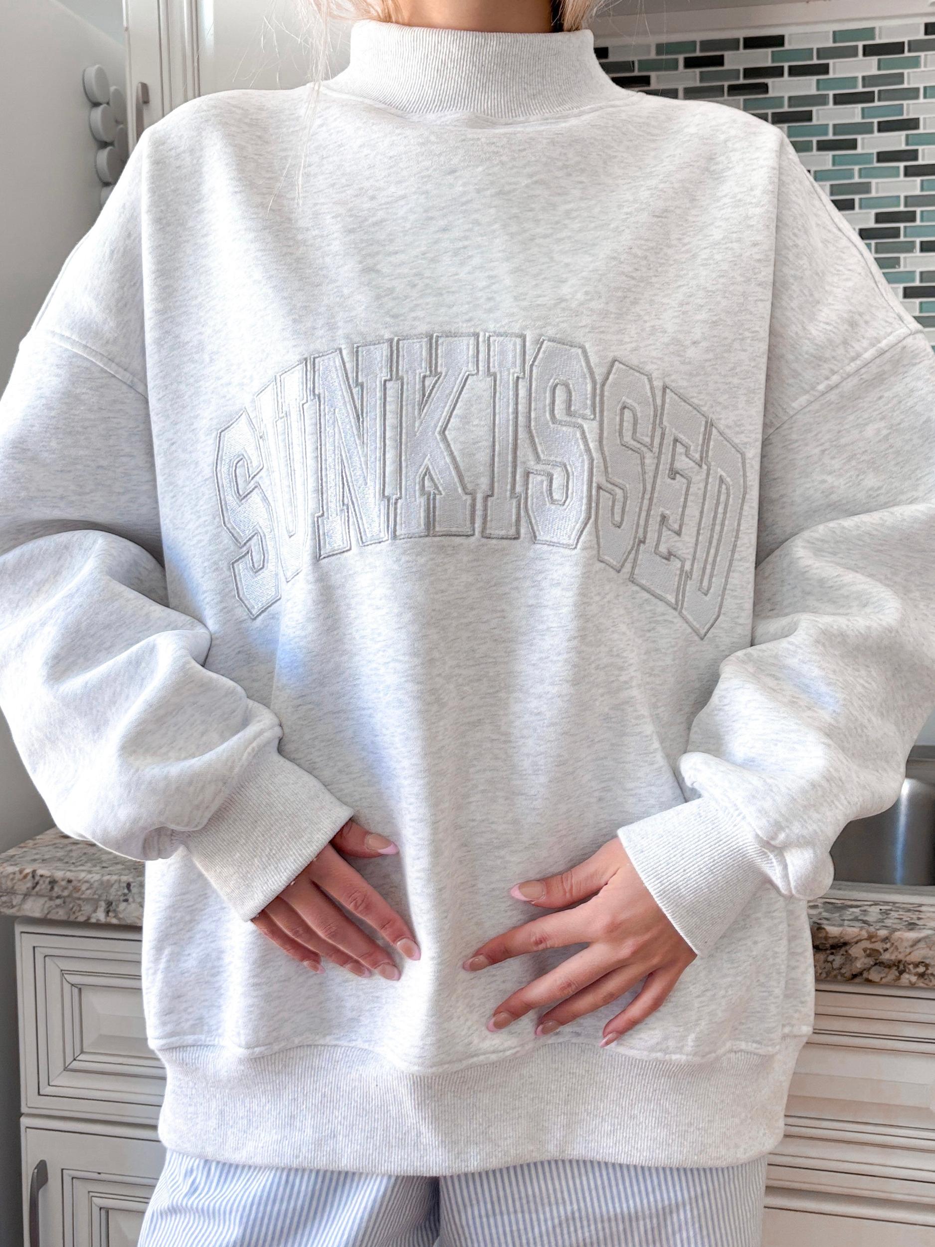 Pearl Grey Mockneck Sunkissed Varsity Embroider Sweatshirt Product Image