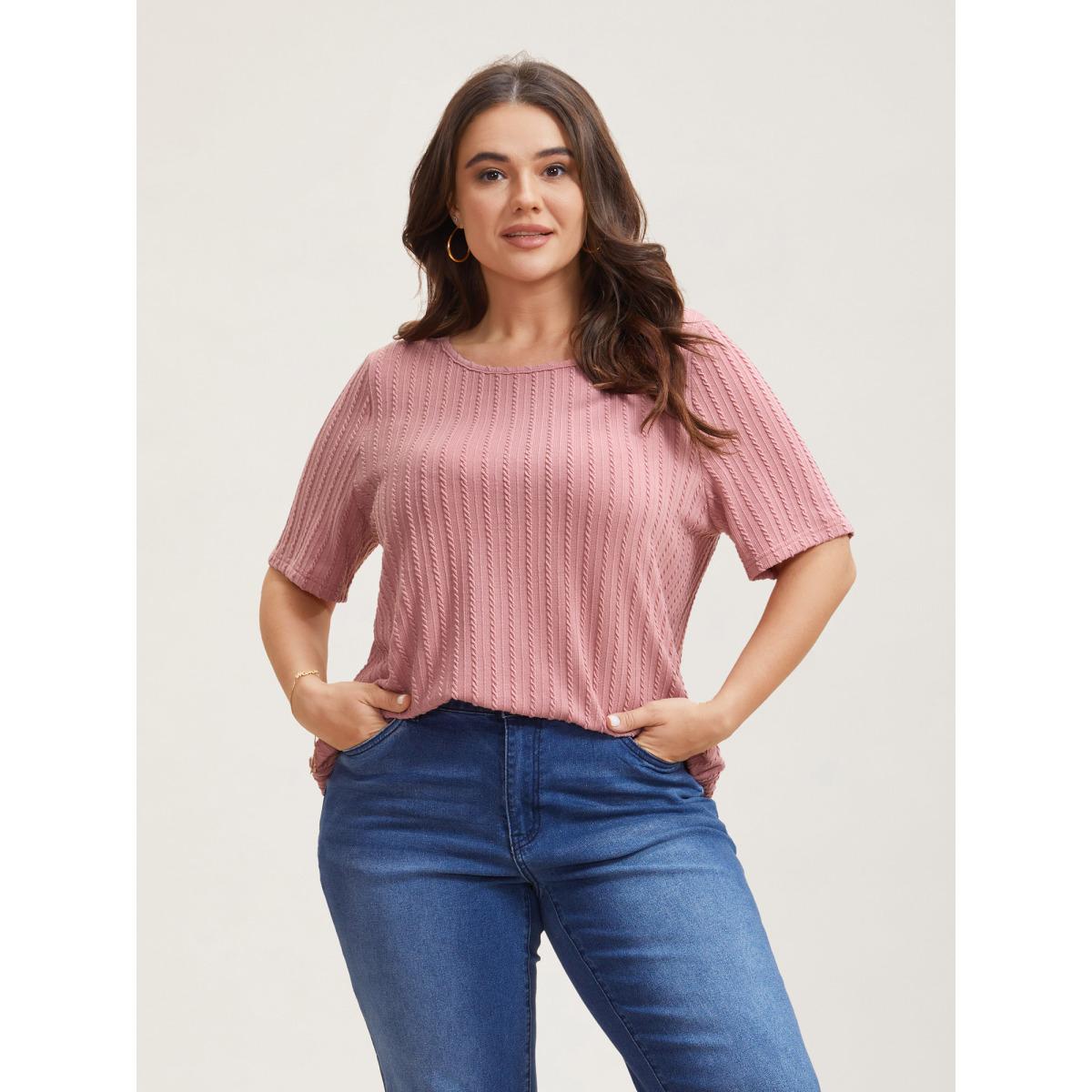 Plus Size Cable Knit Textured Round Neck T-Shirt Beanpastepowder Women Leisure Texture Round Neck Casual T-shirts BloomChic 26/4X Product Image