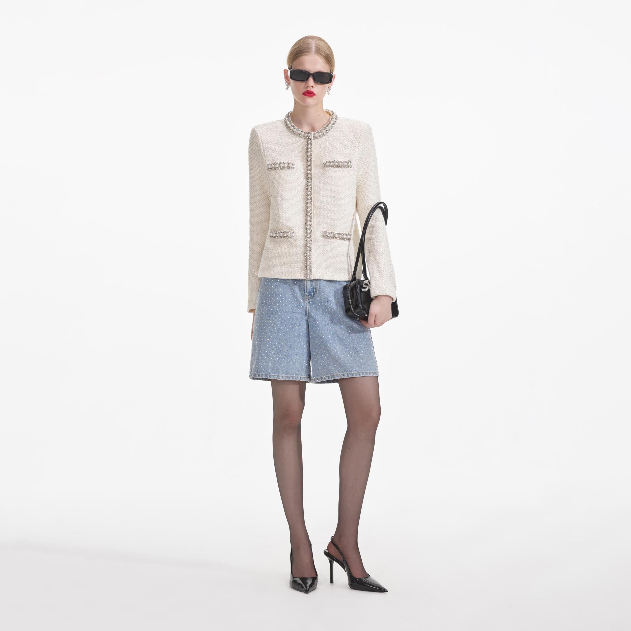 Cream Textured Knit Embellished Cardigan Product Image