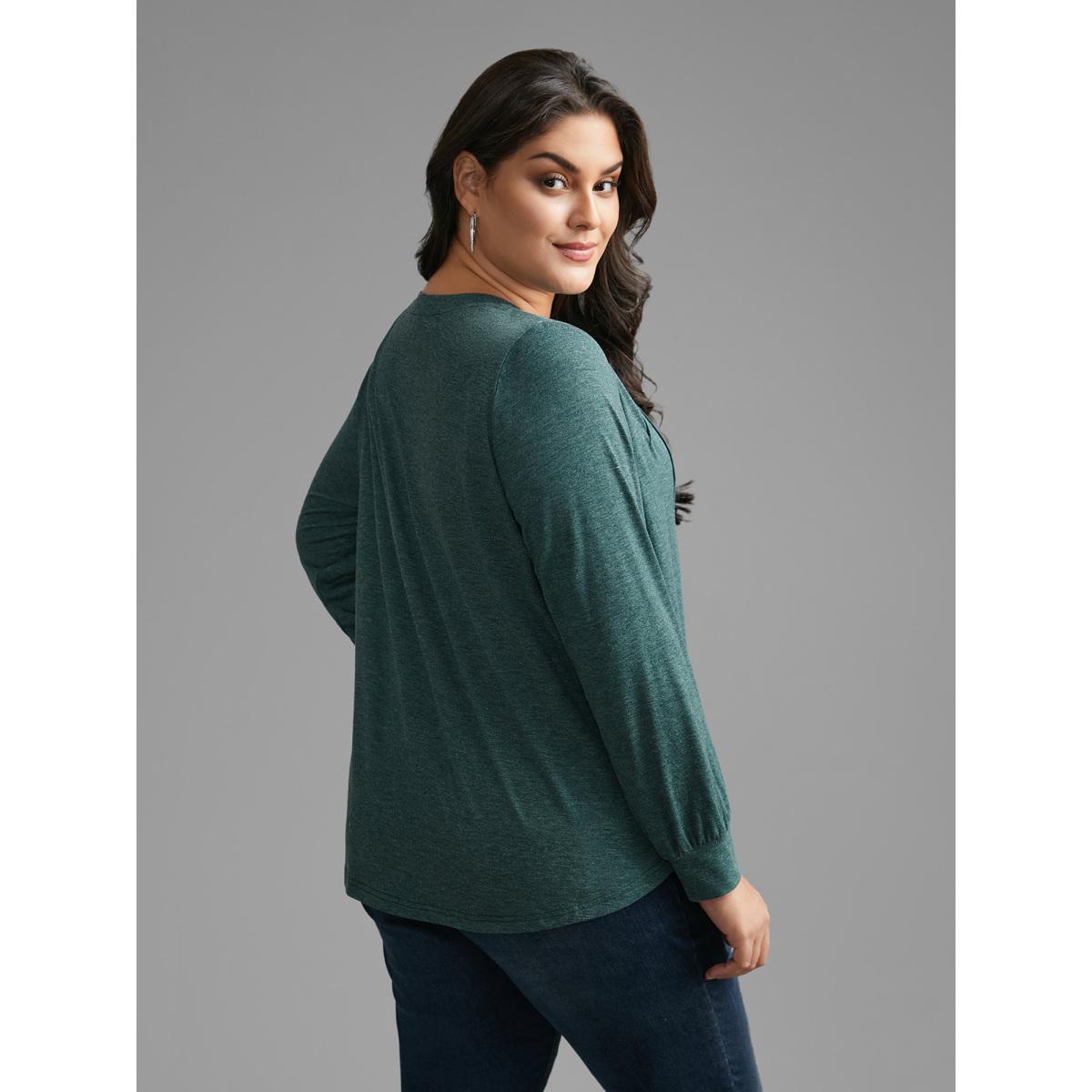 Plus Size Solid Heather Round Neck Pleated T-shirt DarkGreen Women Casual Pleated Round Neck Everyday T-shirts BloomChic 28/5X Product Image