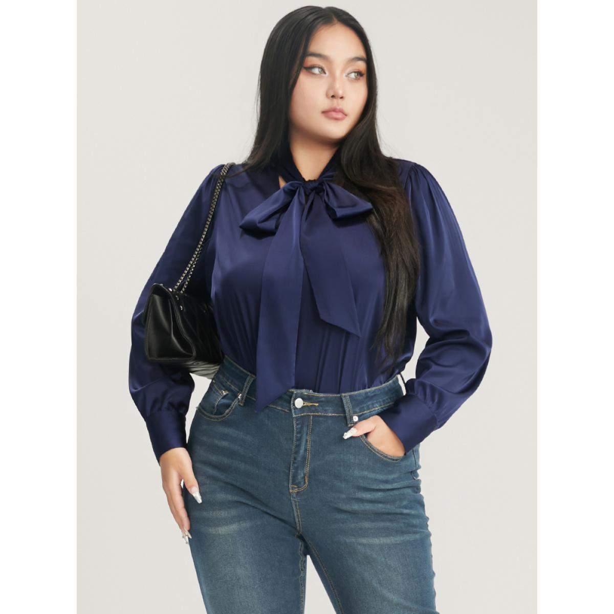 Plus Size Indigo Solid Knotted V Neck Satin Blouse Women Office Long Sleeve Tie Neck Office Blouses BloomChic 12/L Product Image