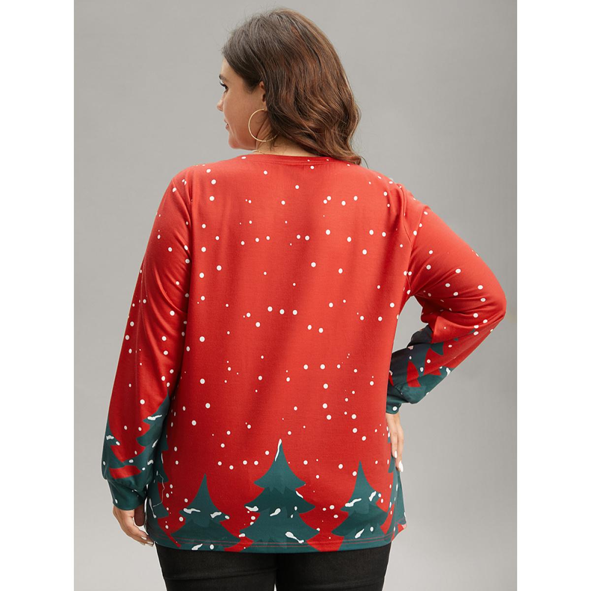 Plus Size Christmas Trees Snowflake Round Neck Sweatshirt Women Red Casual Contrast Festival-Christmas Sweatshirts BloomChic 28/5X Product Image