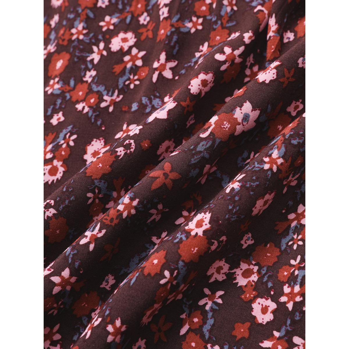 Plus Size Ditsy Floral Patchwork Square Neck Frill Trim Dress Russet Women Vacation Elastic cuffs Square Neck Elbow-length sleeve Curvy Midi Dress BloomChic 10/M Product Image