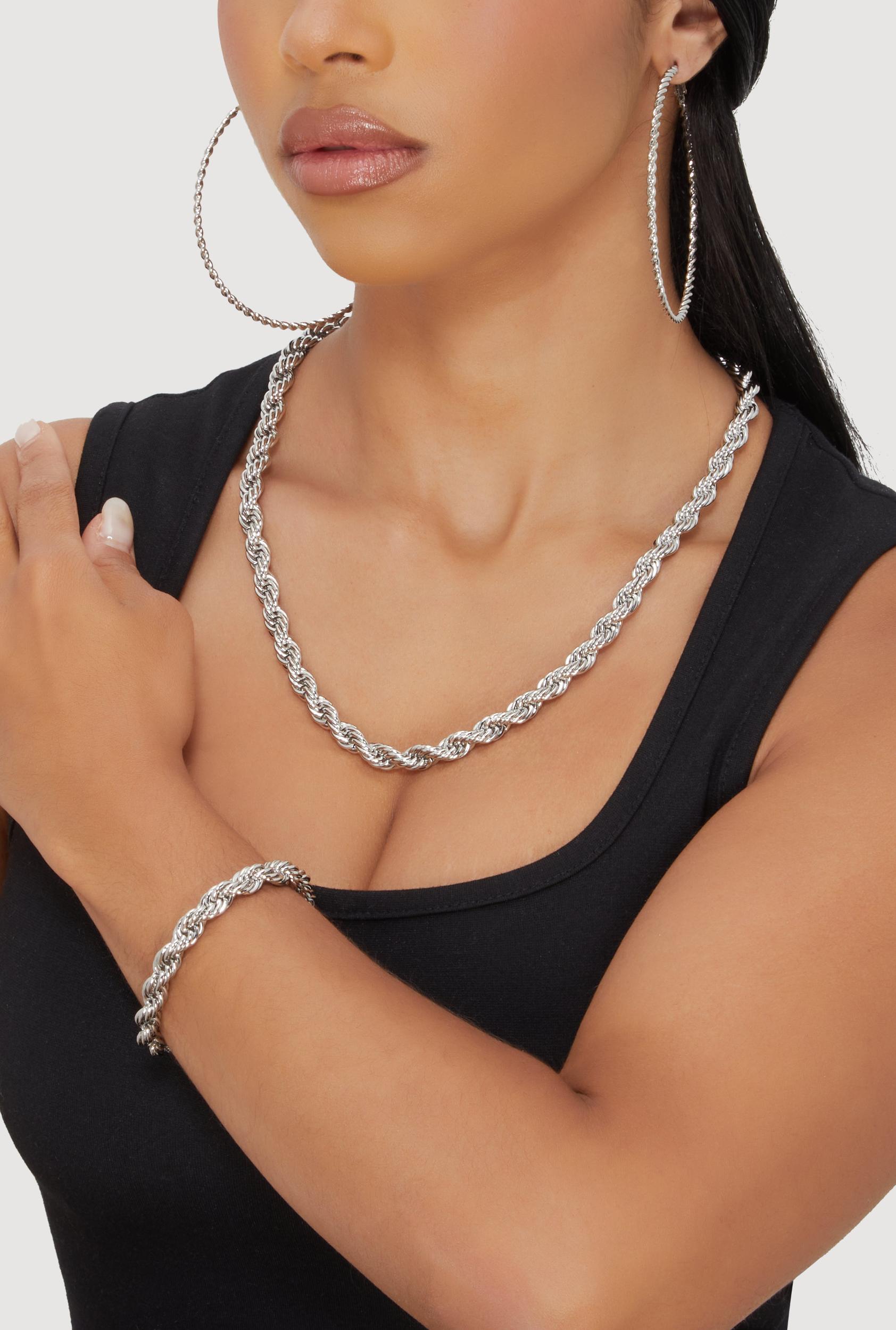 Twisted Rope Chain Necklace and Bracelet with Hoop Earrings Male Product Image