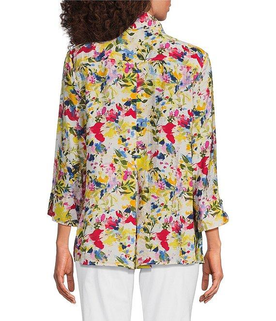 Ali Miles Petite Size Floral Printed Woven Wire Collar 3/4 Sleeve Button Front Tunic Product Image